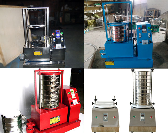 三種不同類型的試驗(yàn)篩，區(qū)別控制臺在下部或在右側(cè)。材質(zhì)為不銹鋼和碳鋼兩種，碳鋼材質(zhì)做了噴漆有：紅色和藍(lán)色兩種。