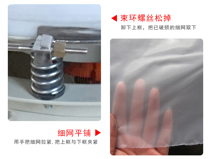 換網步驟：先松開束環，把新的細網平鋪在網架上繃緊