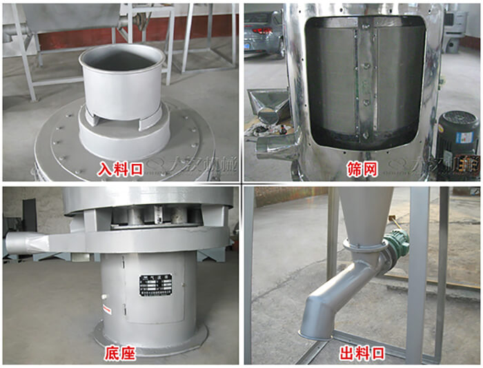 氣流篩部件展示：入料口，篩網，底座，出料口等。