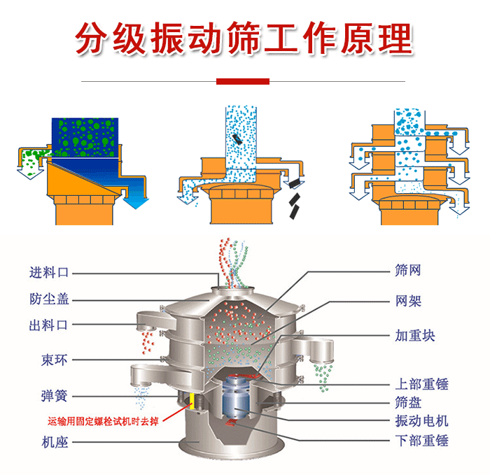 分級振動篩內部結構：進料口，防塵蓋，出料口，束環，彈簧，機座，篩網，網架，上部重錘，振動電機，下部重錘。